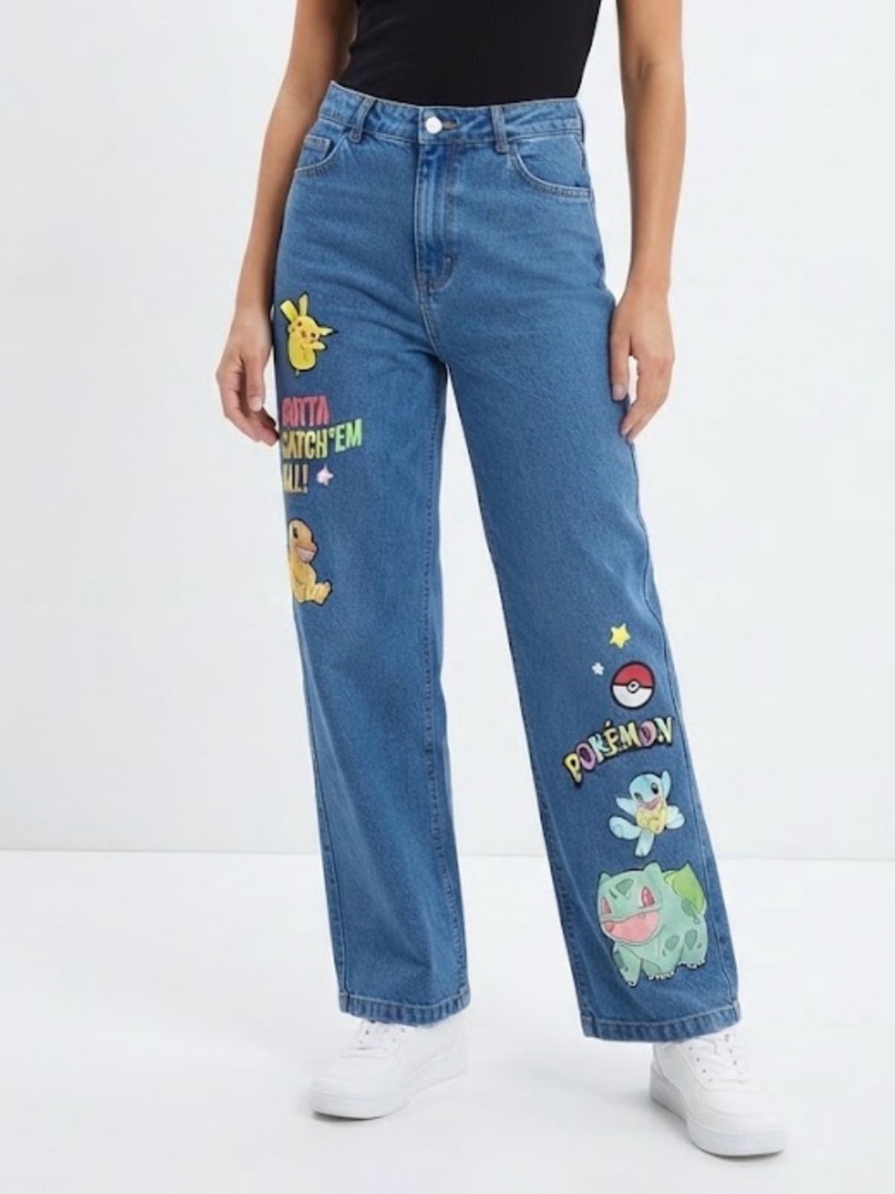 Pokemon Blue Wide-Leg Jeans with Character Prints